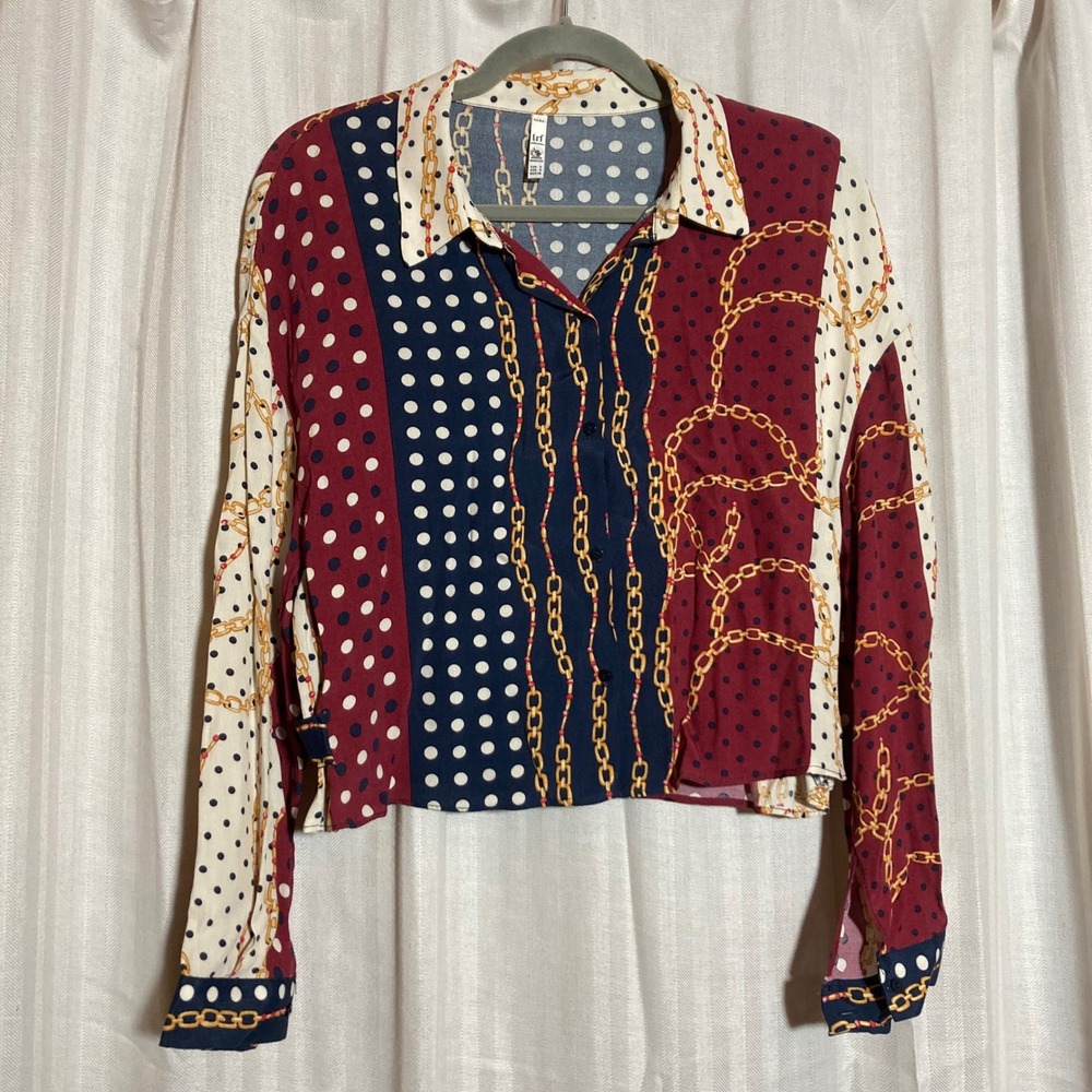Zara TRF Mixed Print Cropped Blouse Navy Red Polka Dot Chain Link S 90s Eclectic